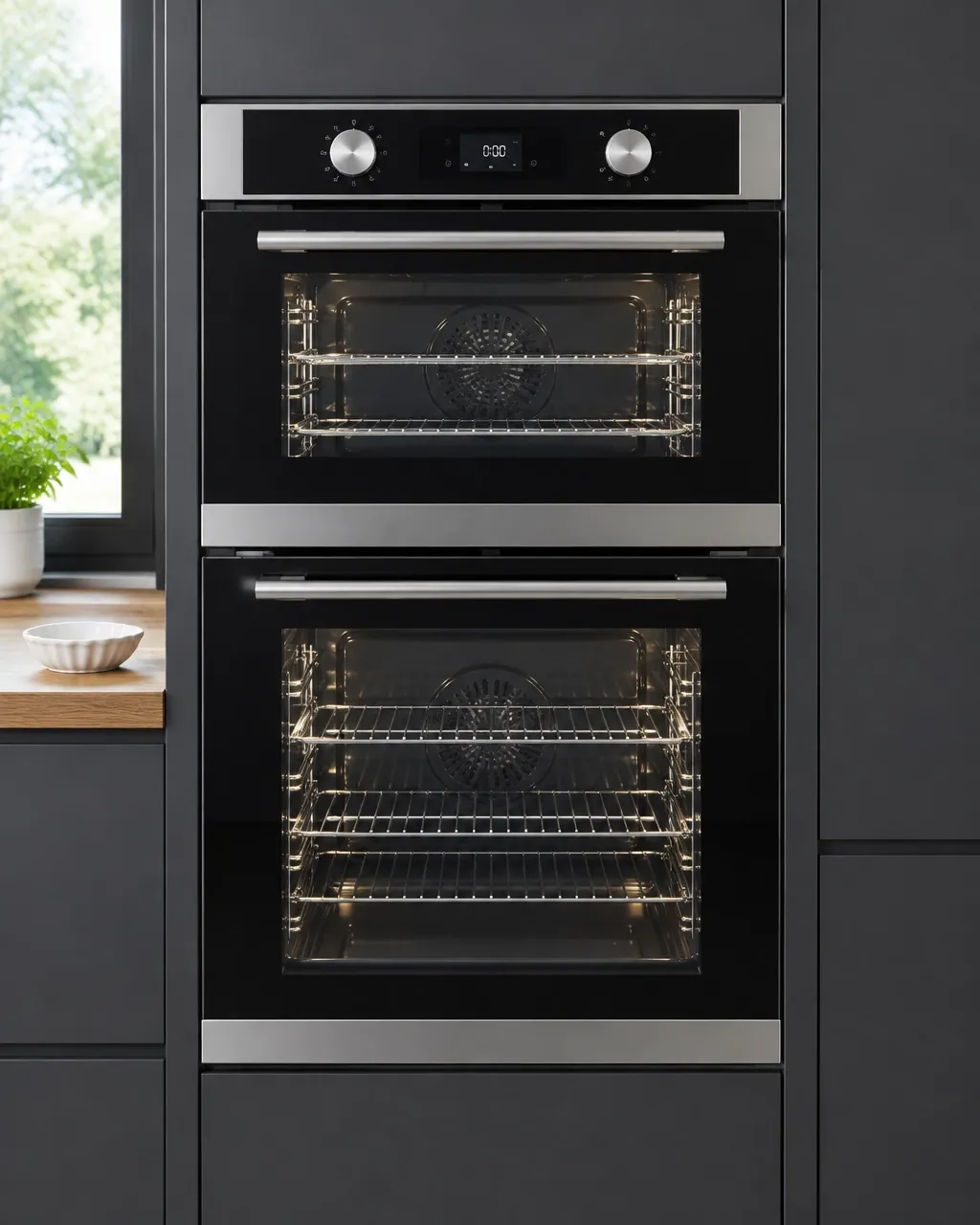 a built-in double oven — one appliance with two ovens, a smaller oven above a larger oven.