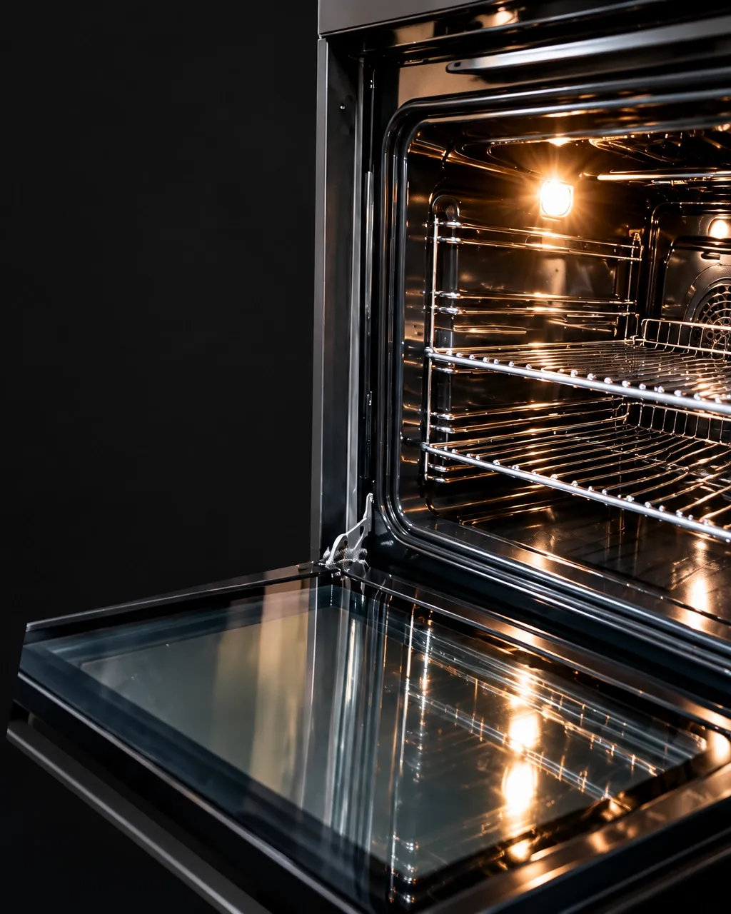 Open oven with sparkling clean racks and warm interior light